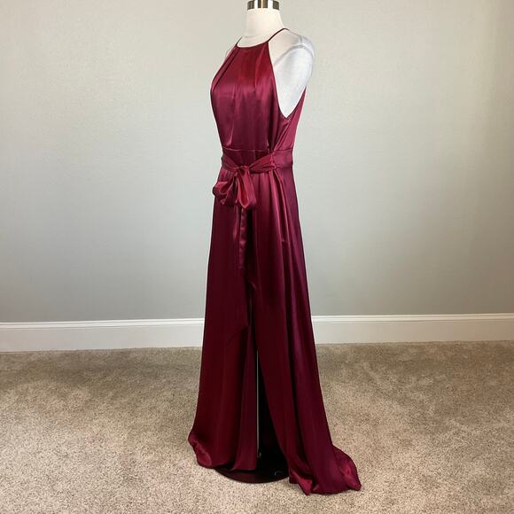 Alex Evenings Wine Red Satin Evening Gown Size 10 A-Line Halter Formal Dress - Picture 2 of 13